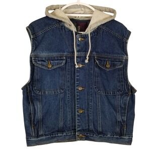 Vintage Gitano First Class Mens Denim Vest Blue Hooded Trucker Jacket Large